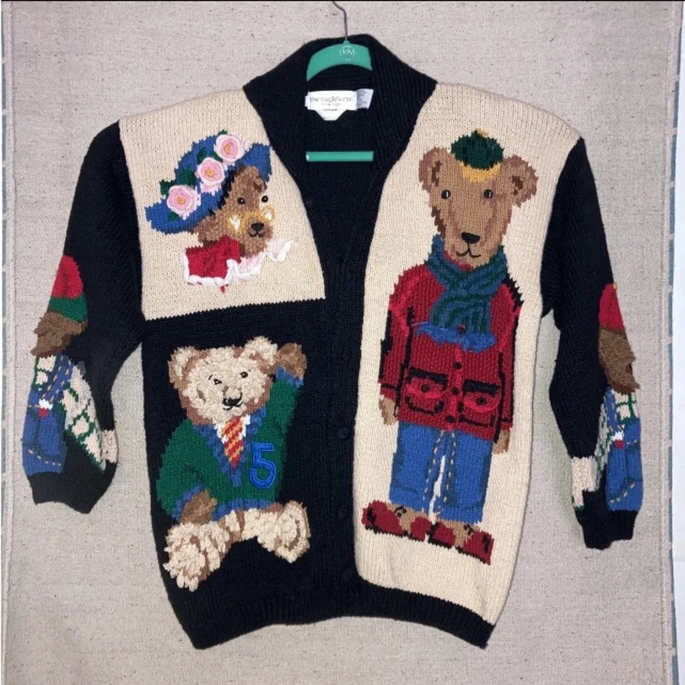 Vintage Eagle’s Eye Chunky Knit Bear Cardigan Grandma core Sweater Women’s New M - Picture 1 of 11